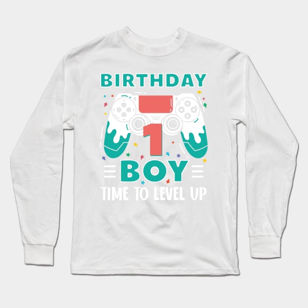 1st Birthday Boy Gamer Funny B-day Gift For Boys kids toddlers Long Sleeve T-Shirt by FortuneFrenzy